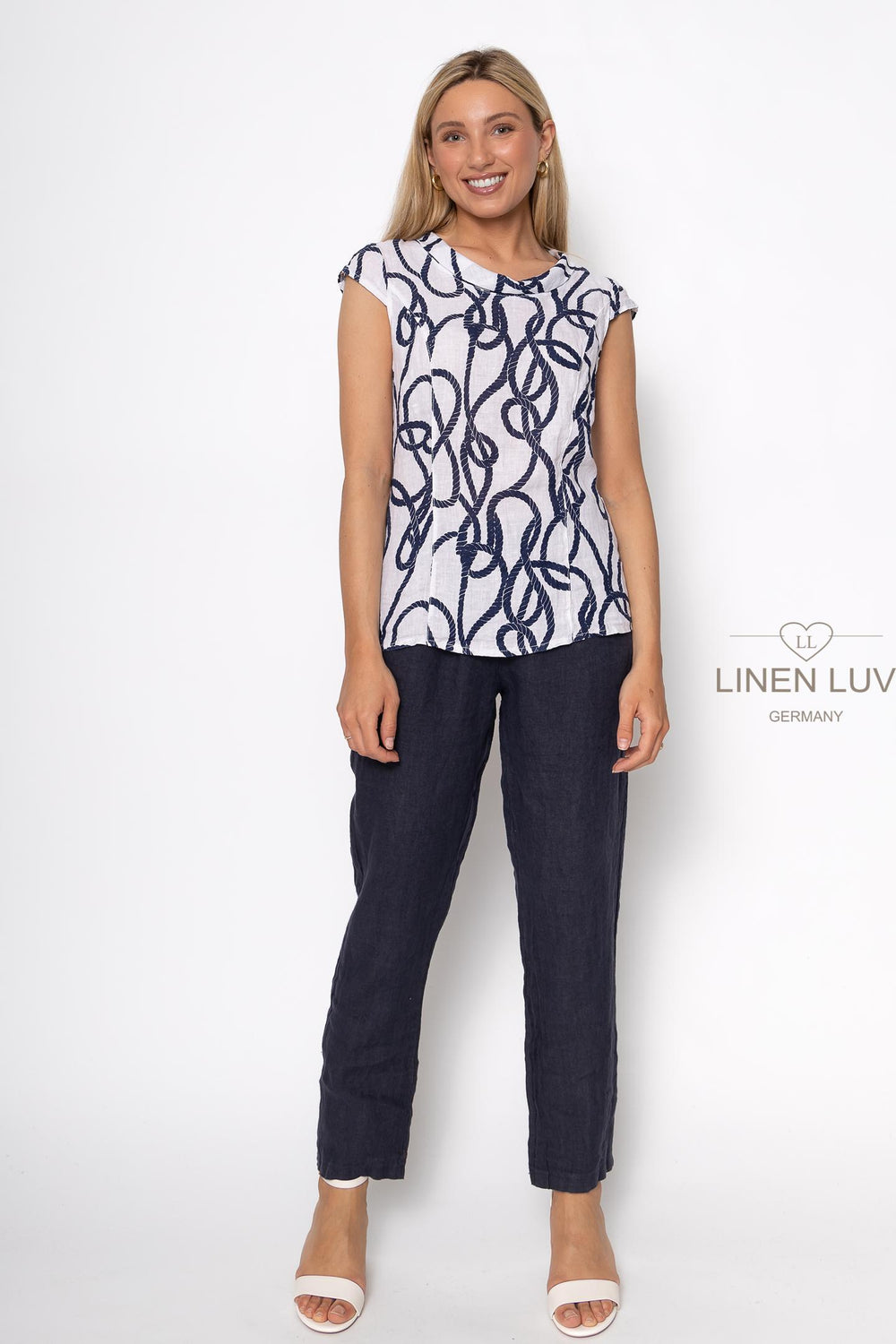 French Linen Cap Sleeve Blouse Nautical Print - Breathable Naturals | Glam & Fame Clothing