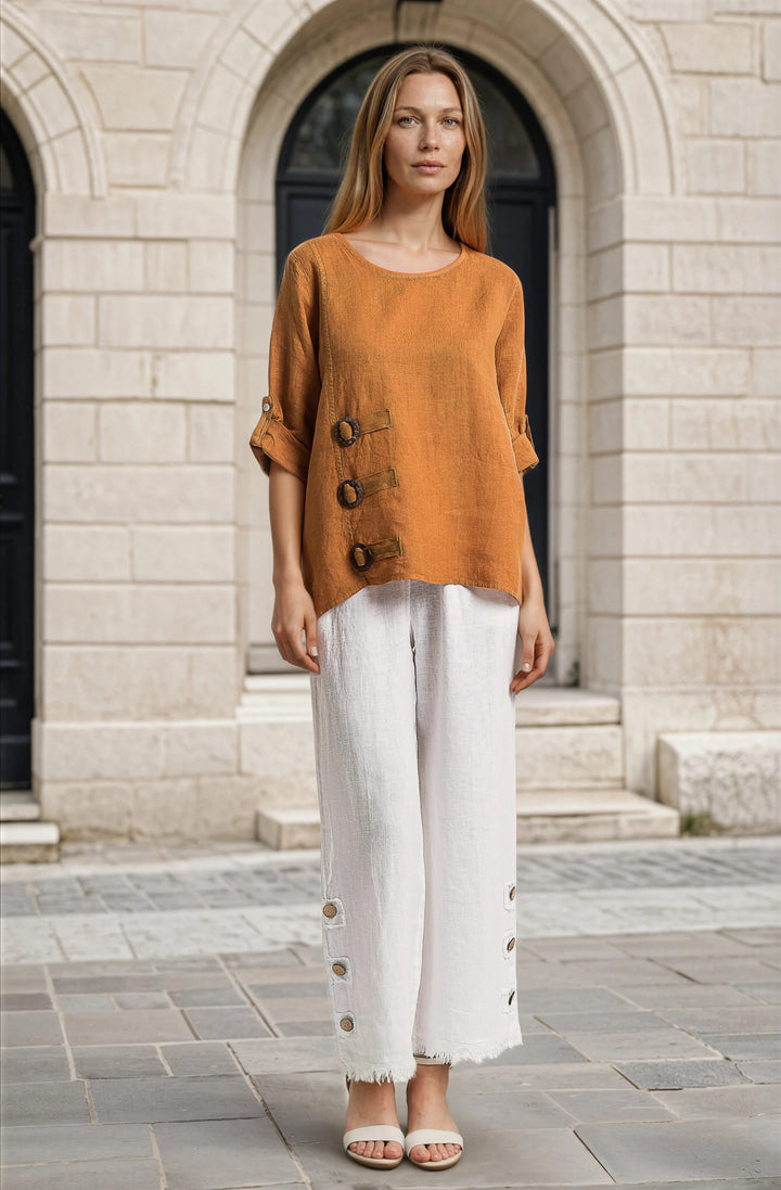 French Linen Blouse Buckle Accent - Breathable Naturals | Glam & Fame Clothing