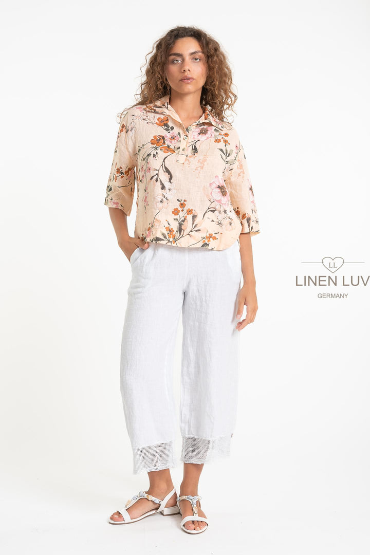 French Linen Leisure Shirt Cropped Print - Breathable Naturals | Glam & Fame Clothing