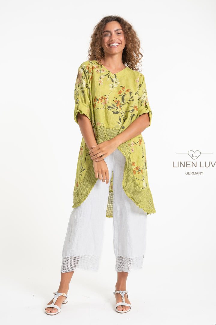French Linen Tunic Print Crochet Hem - Breathable Naturals | Glam & Fame Clothing
