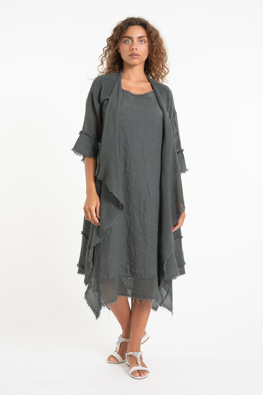 French Linen Blend Kimono Textured Accents - Breathable Naturals | Glam & Fame Clothing