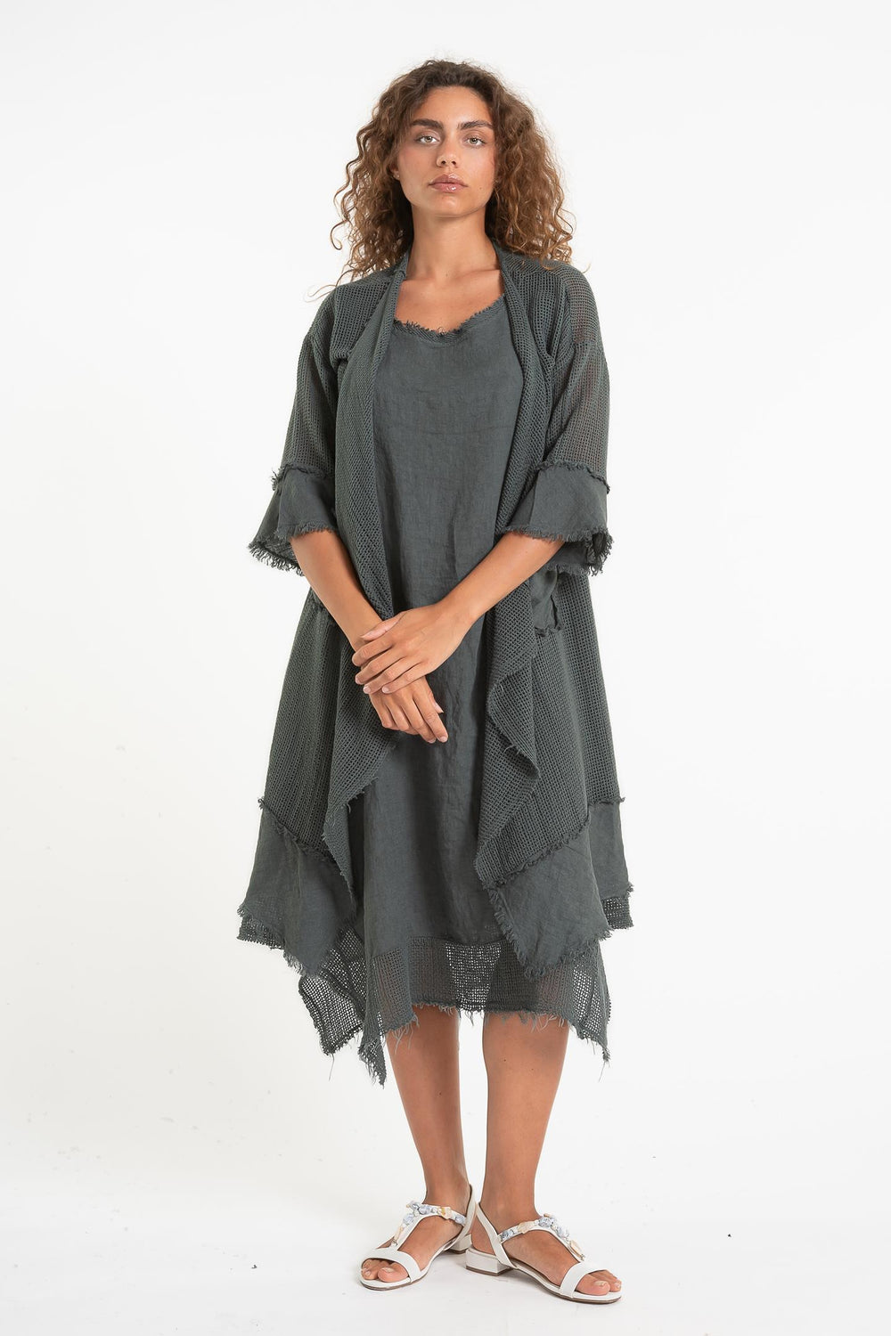 French Linen Blend Kimono Textured Accents - Breathable Naturals | Glam & Fame Clothing
