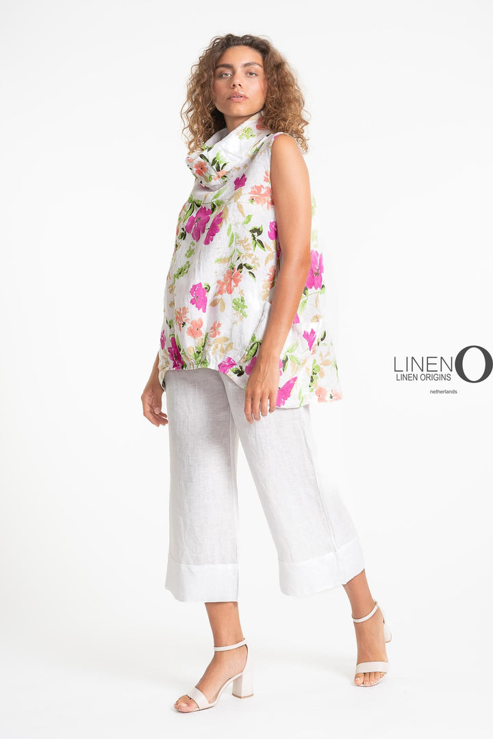 French Linen Blouse Ruche Accent Print - Breathable Naturals | Glam & Fame Clothing