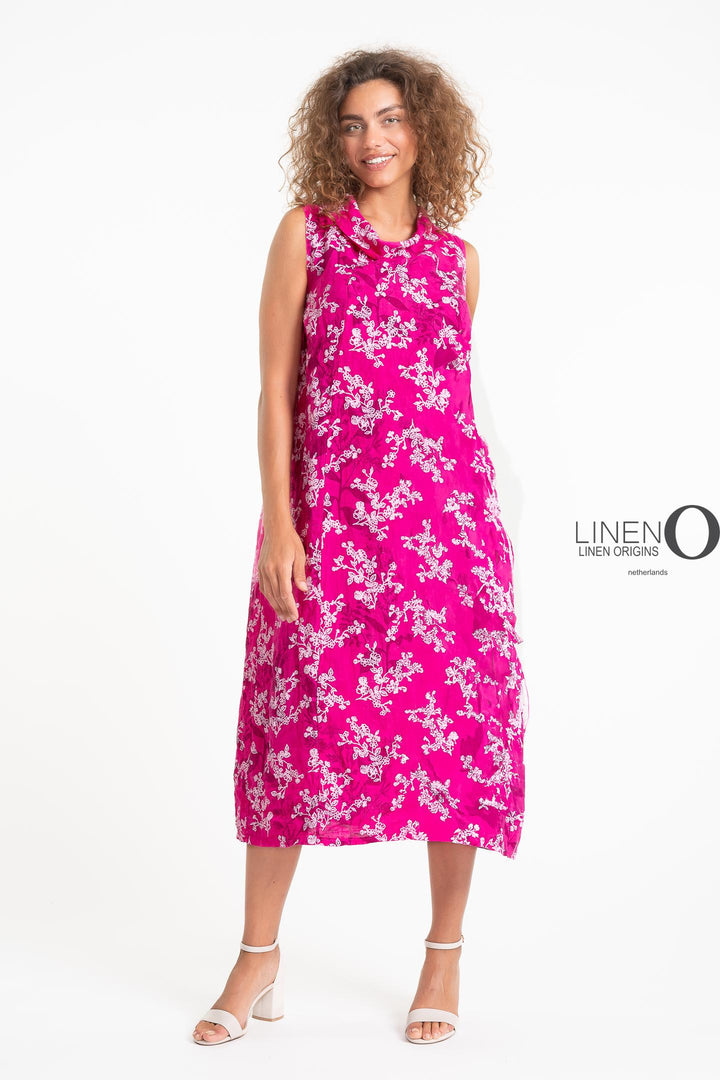 French Linen Dress Cowl Neck Print