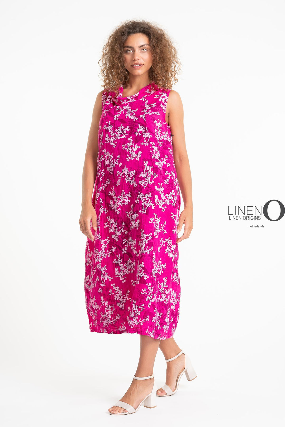 French Linen Dress Cowl Neck Print