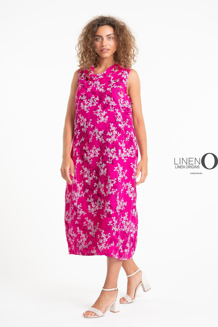 French Linen Dress Cowl Neck Print