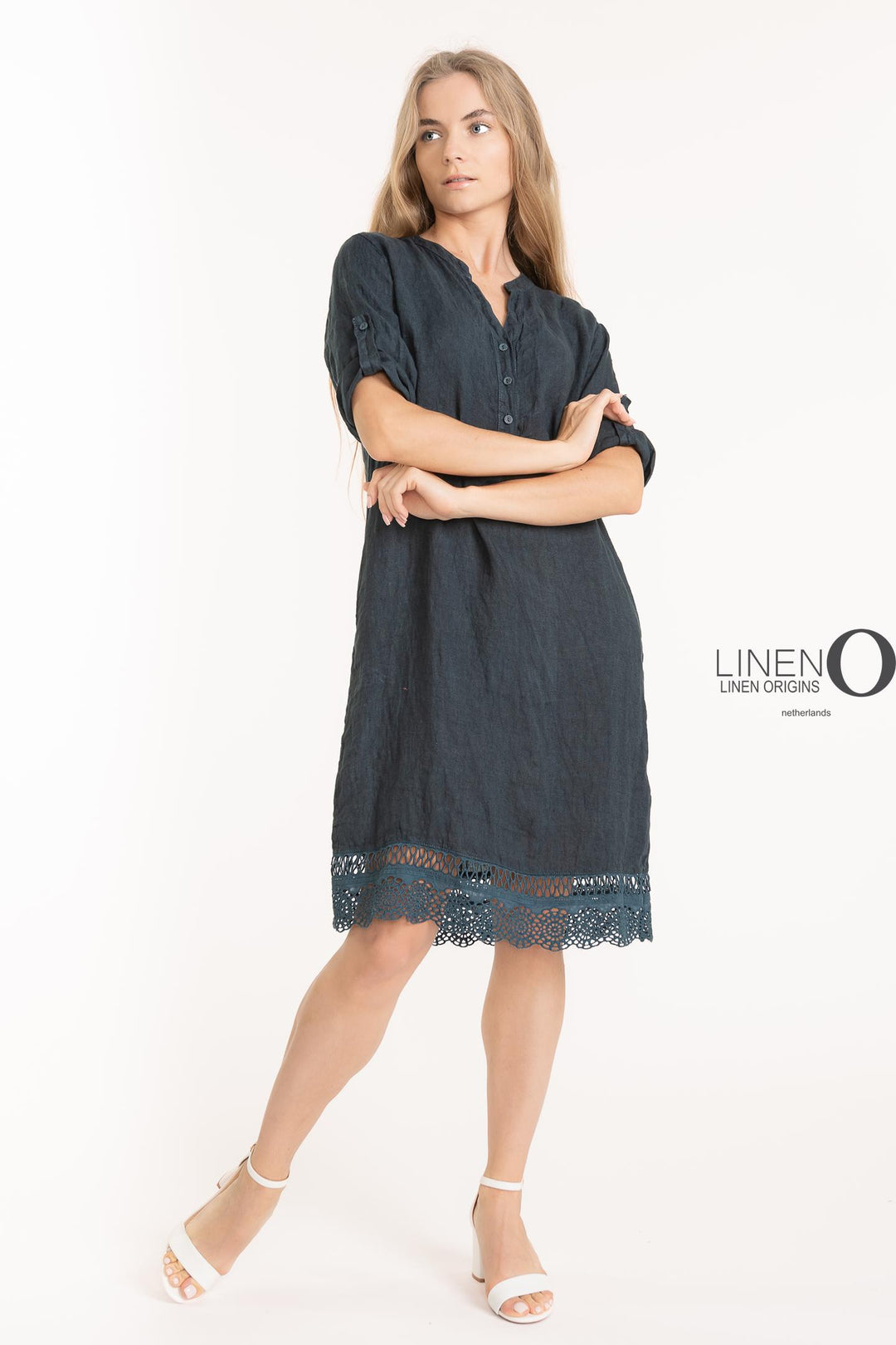 French Linen Dress V-Neck Crochet Accent - Breathable Naturals | Glam & Fame Clothing