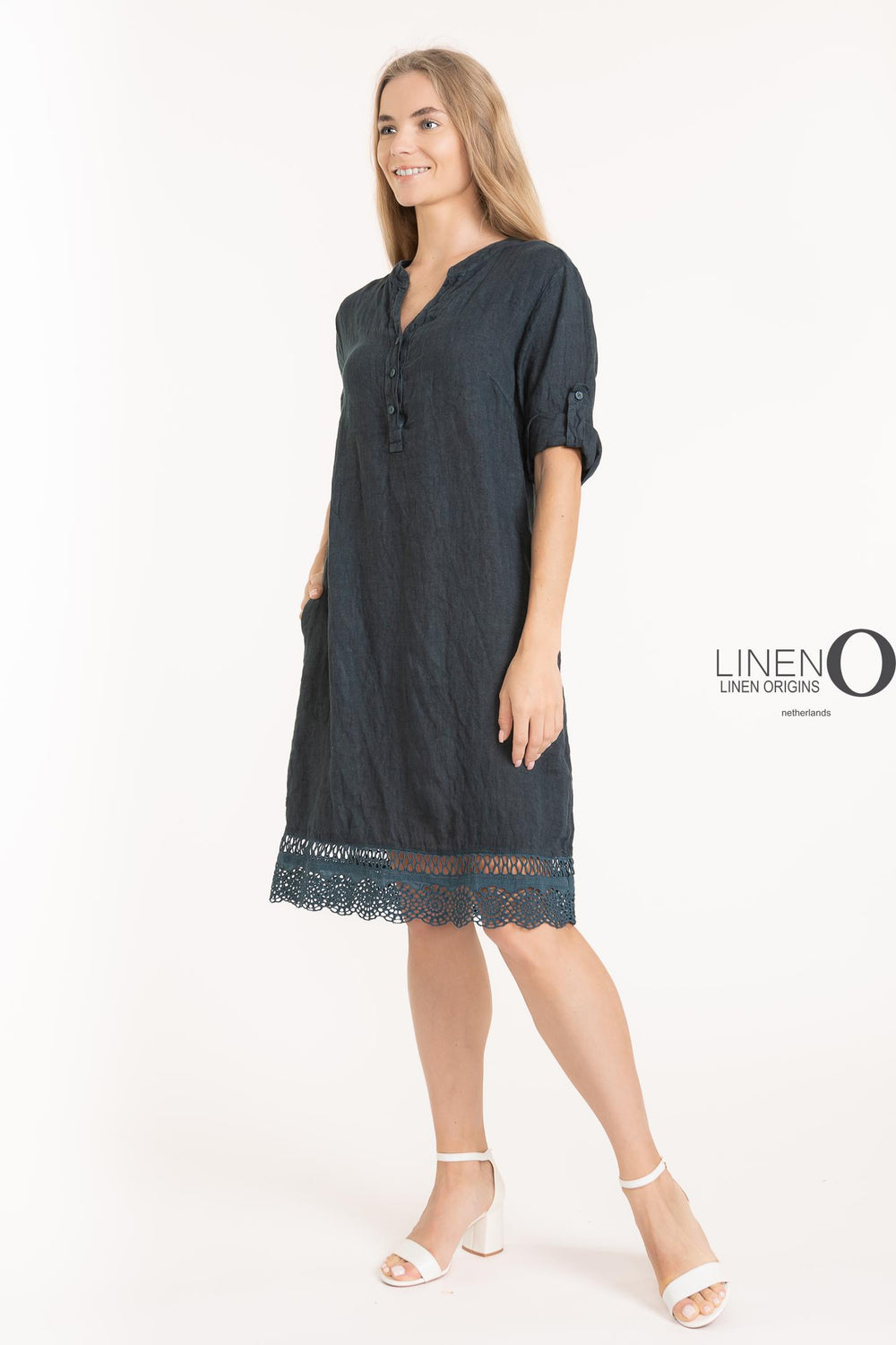 French Linen Dress V-Neck Crochet Accent - Breathable Naturals | Glam & Fame Clothing