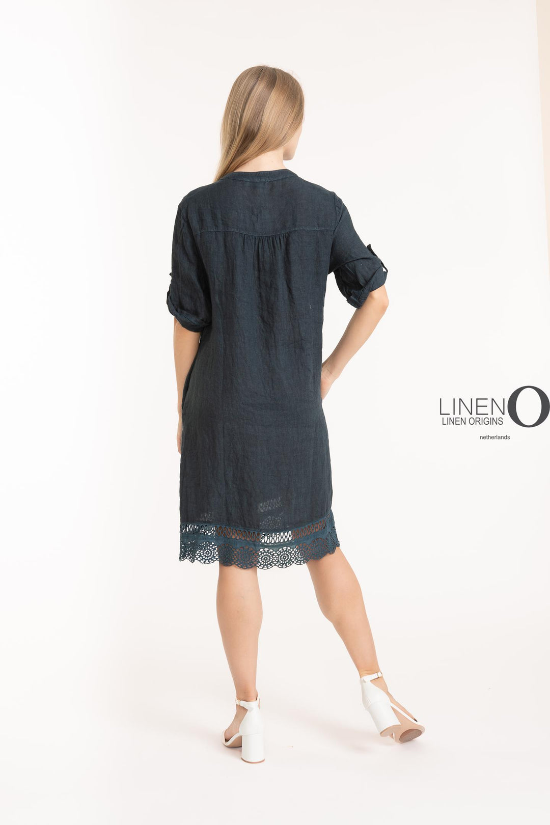 French Linen Dress V-Neck Crochet Accent - Breathable Naturals | Glam & Fame Clothing