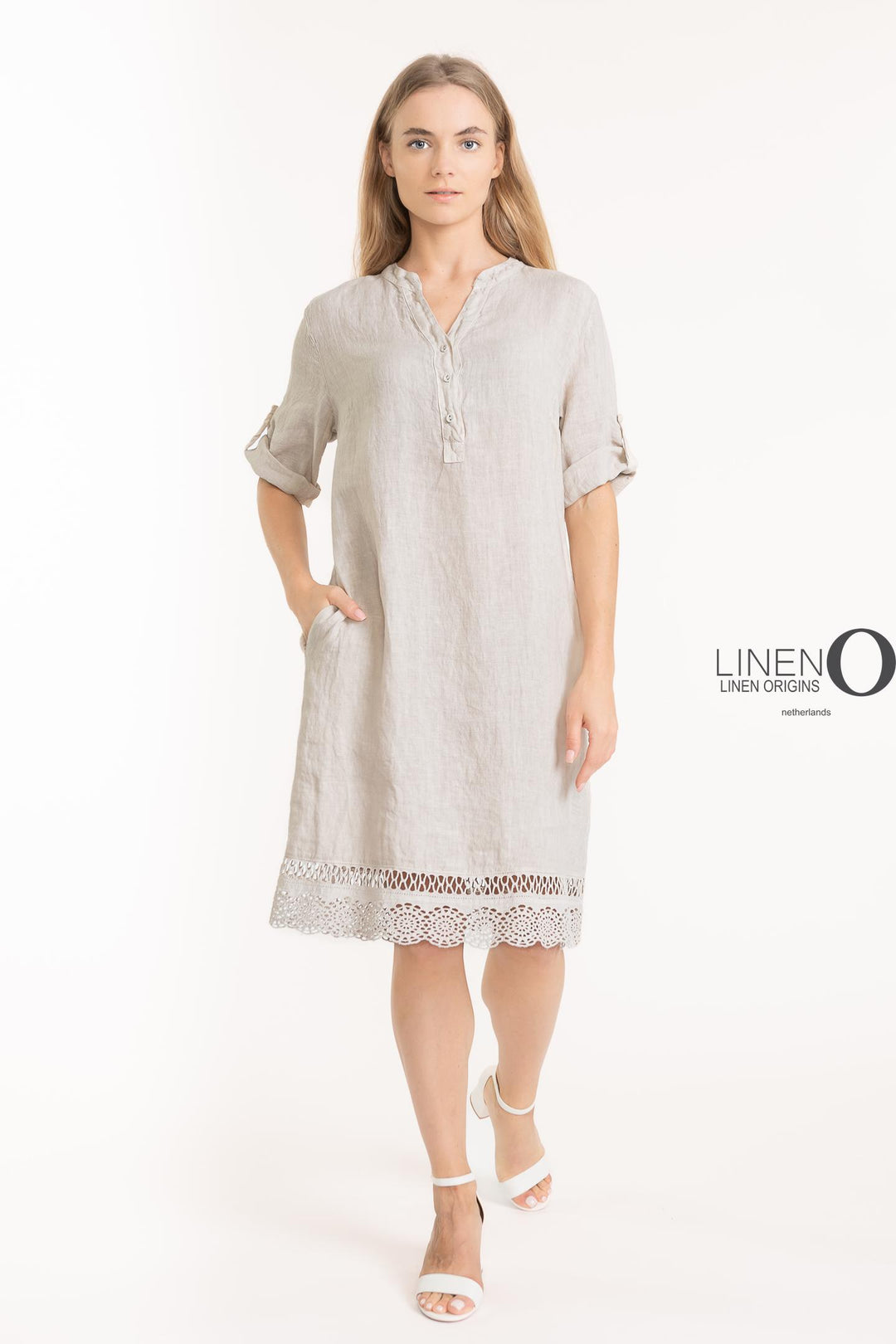 French Linen Dress V-Neck Crochet Accent - Breathable Naturals | Glam & Fame Clothing
