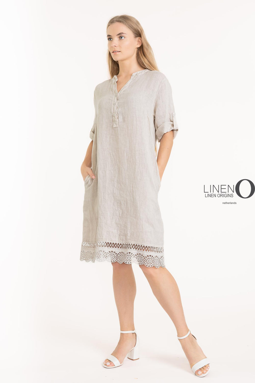 French Linen Dress V-Neck Crochet Accent - Breathable Naturals | Glam & Fame Clothing