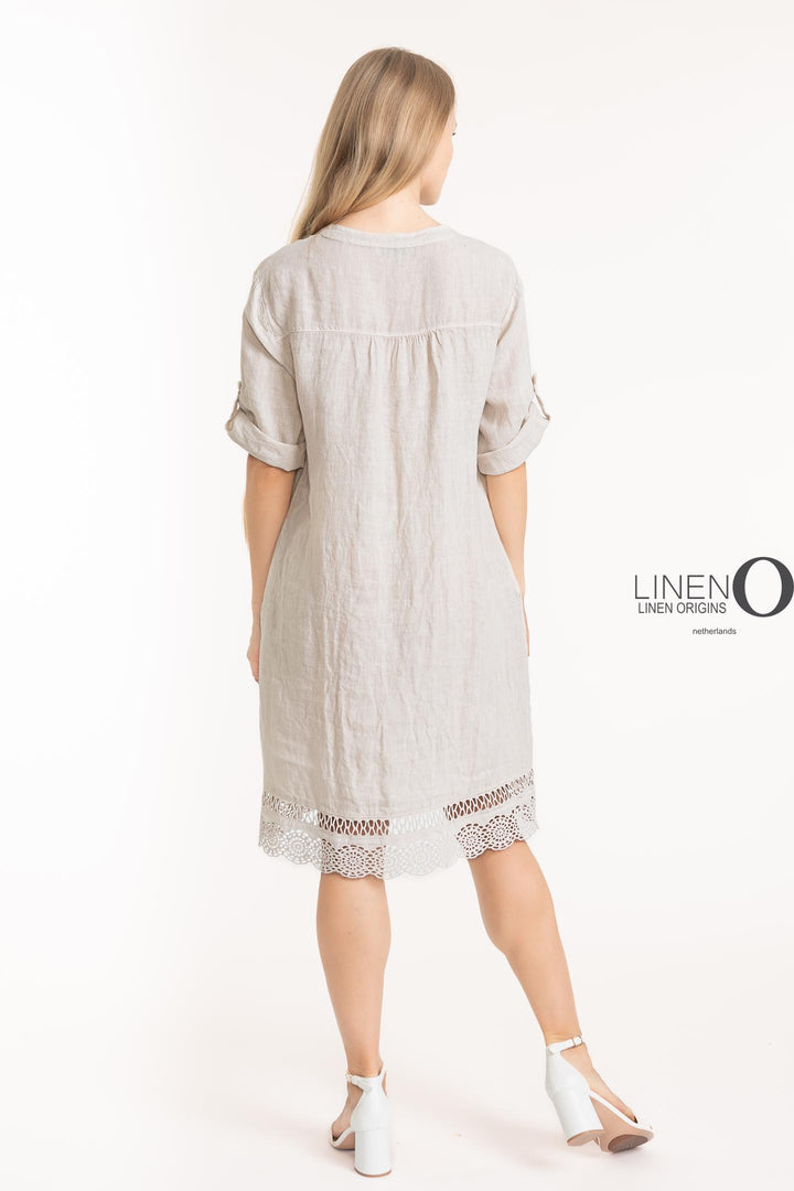 French Linen Dress V-Neck Crochet Accent - Breathable Naturals | Glam & Fame Clothing