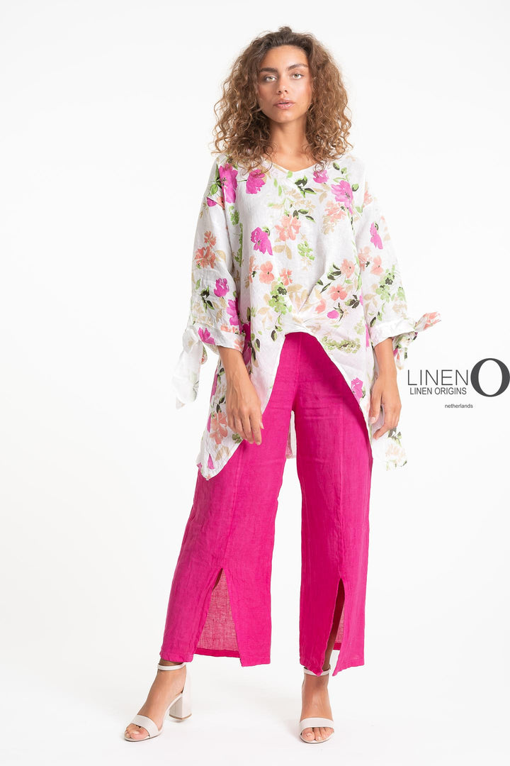French Linen Blouse Floral Tie Accents - Breathable Naturals | Glam & Fame Clothing