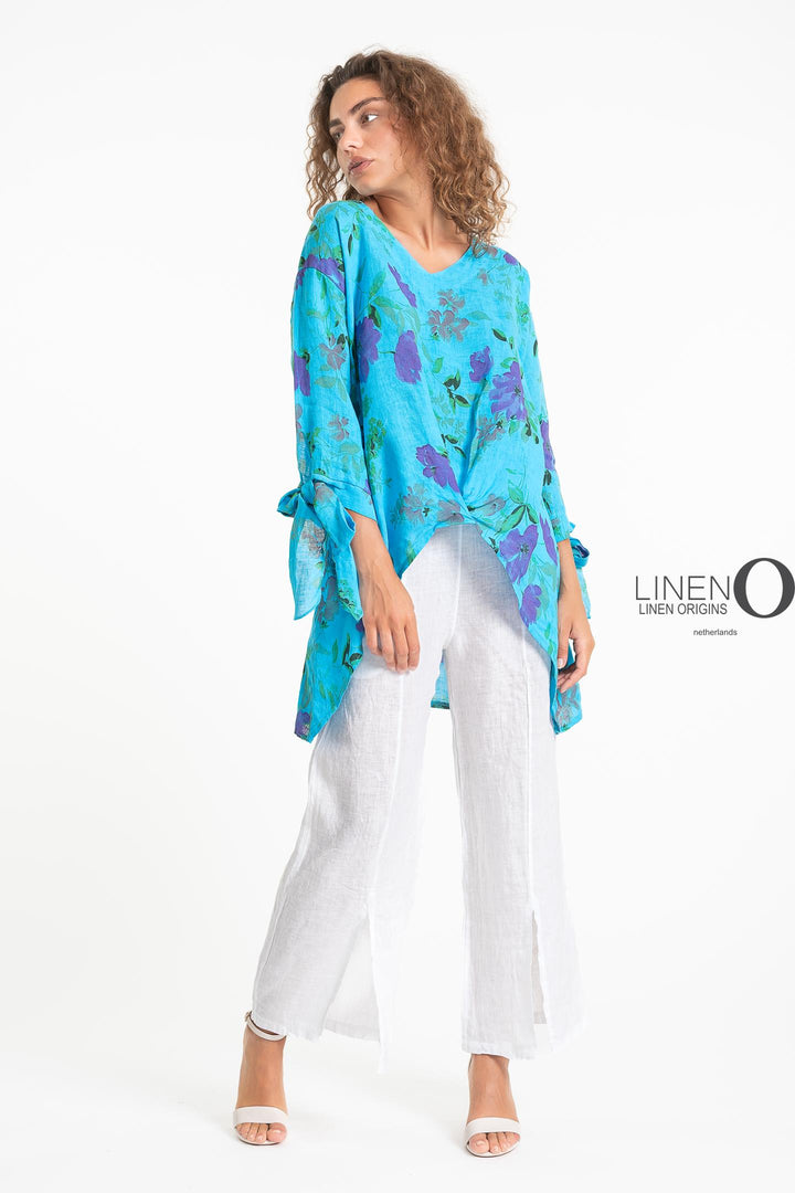 French Linen Blouse Floral Tie Accents - Breathable Naturals | Glam & Fame Clothing