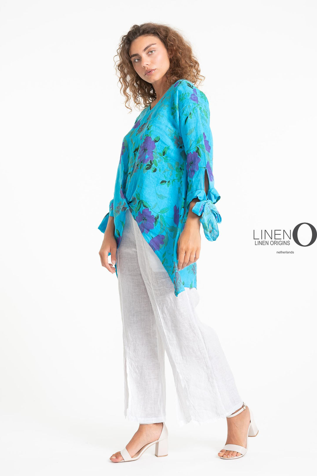French Linen Blouse Floral Tie Accents - Breathable Naturals | Glam & Fame Clothing