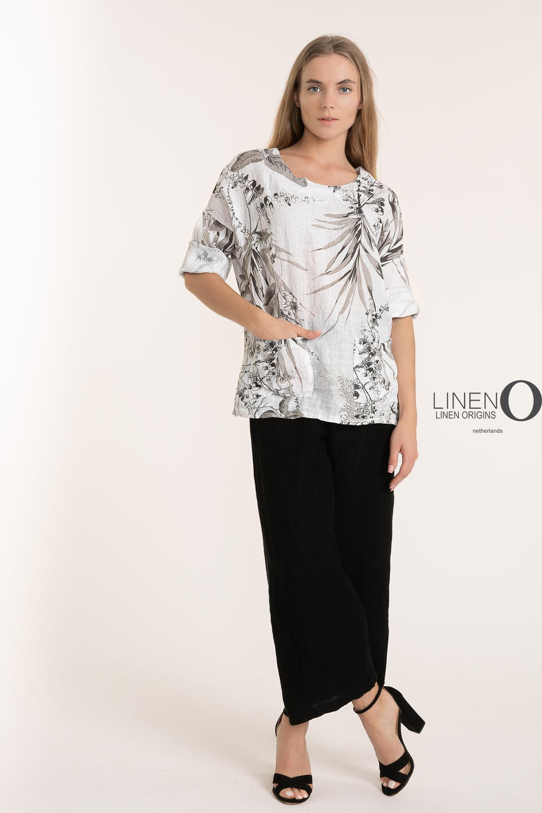French Linen Long Sleeve Blouse Print
