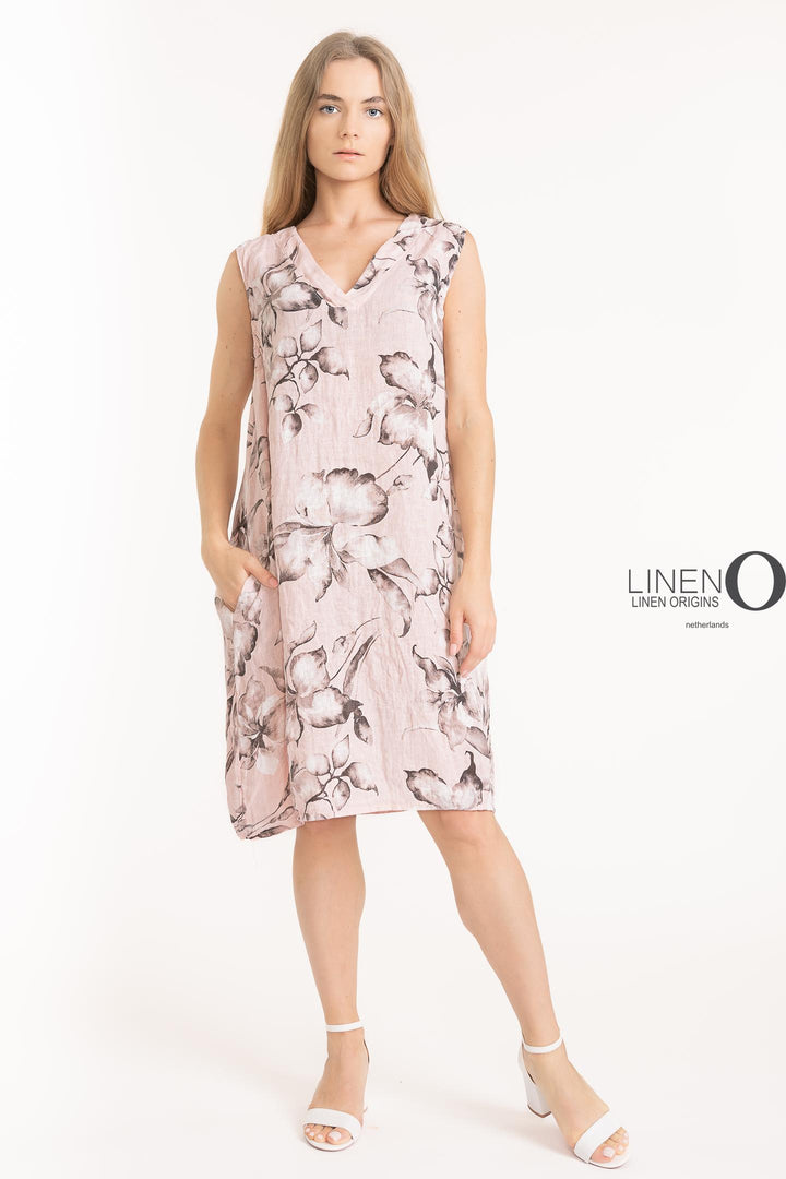 French Linen Shift Dress V-Neck Print