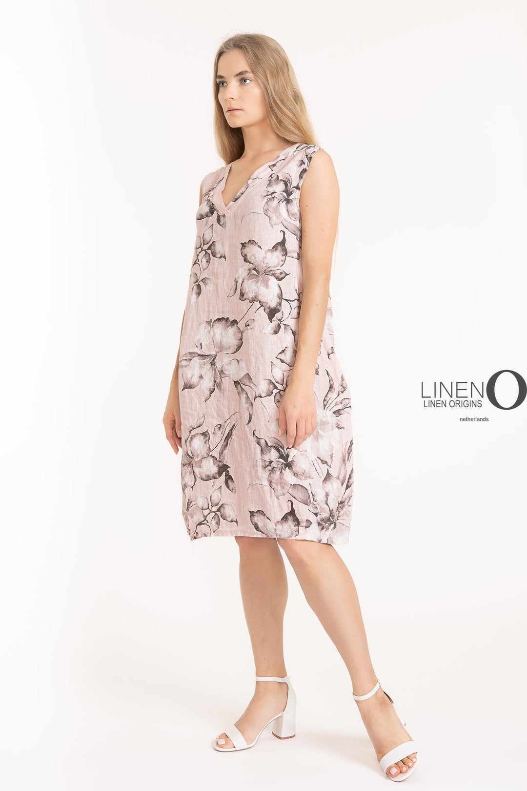 French Linen Shift Dress V-Neck Print