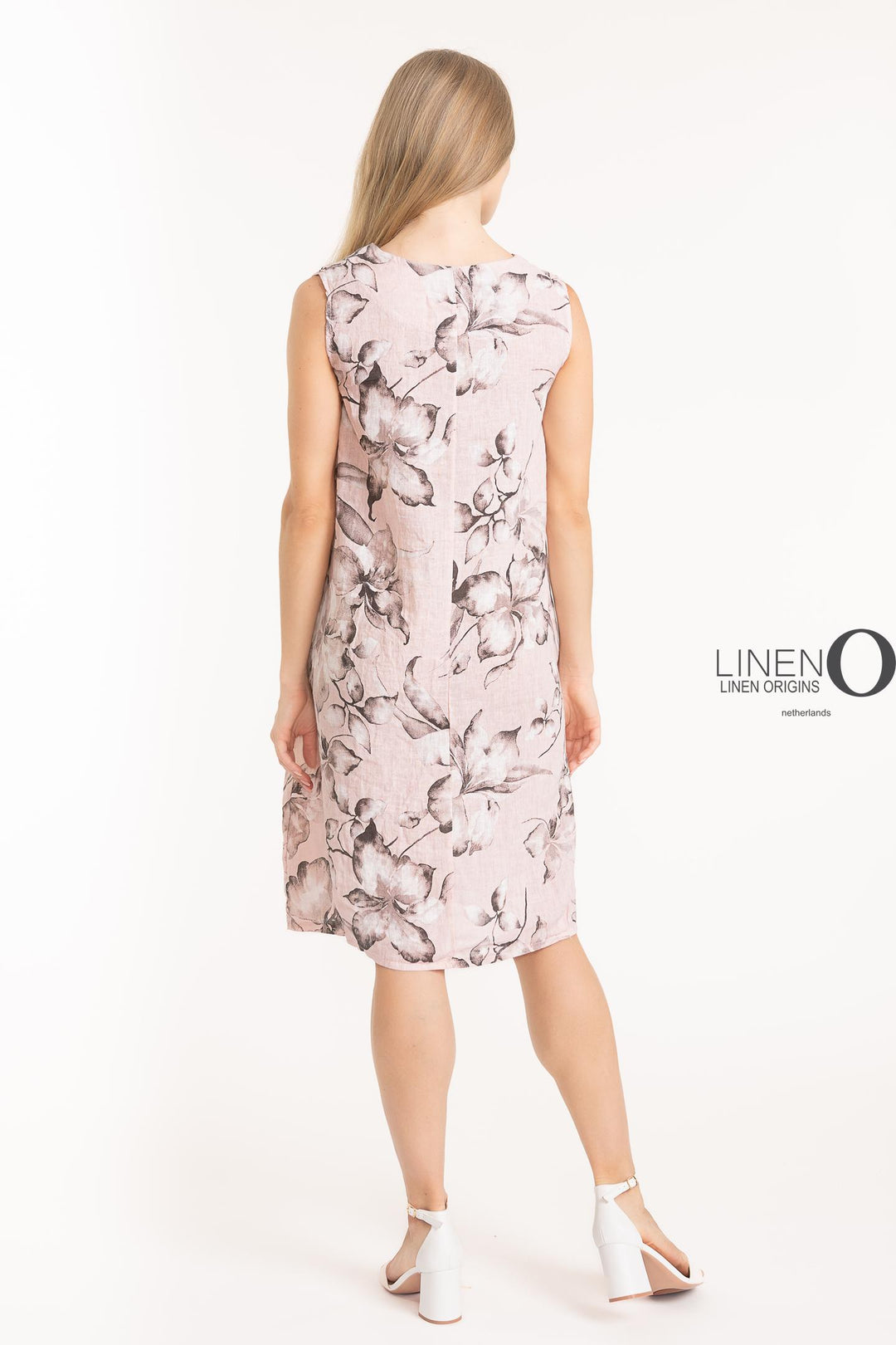 French Linen Shift Dress V-Neck Print