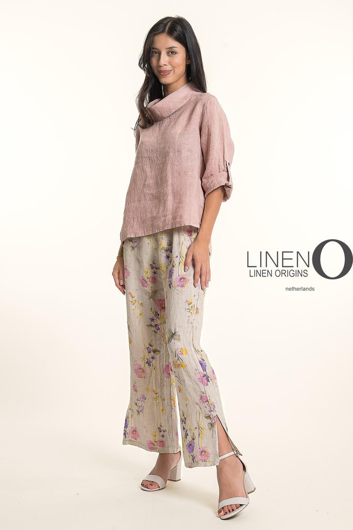 French Linen Blouse Cowl Neck Button Accent