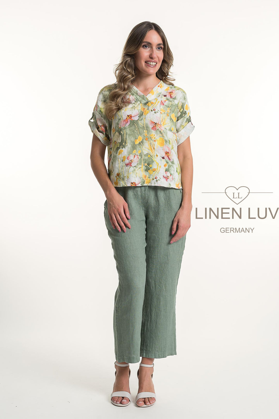 French Linen Blouse V-Neck Print - Breathable Naturals | Glam & Fame Clothing