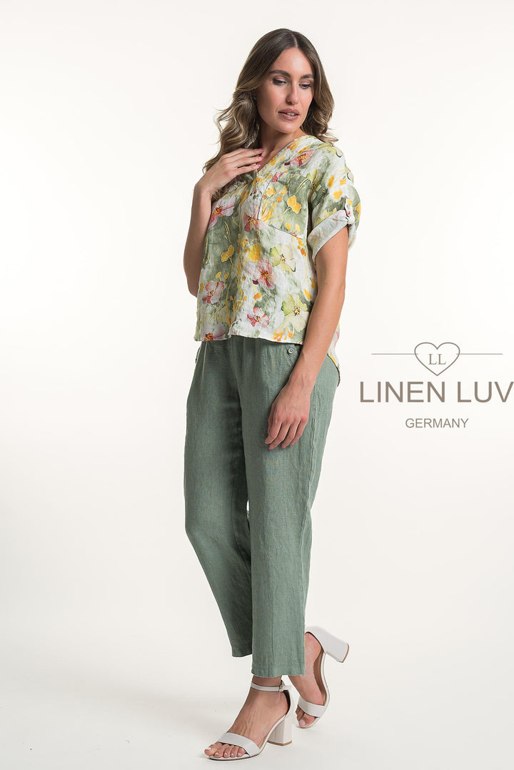 French Linen Blouse V-Neck Print - Breathable Naturals | Glam & Fame Clothing
