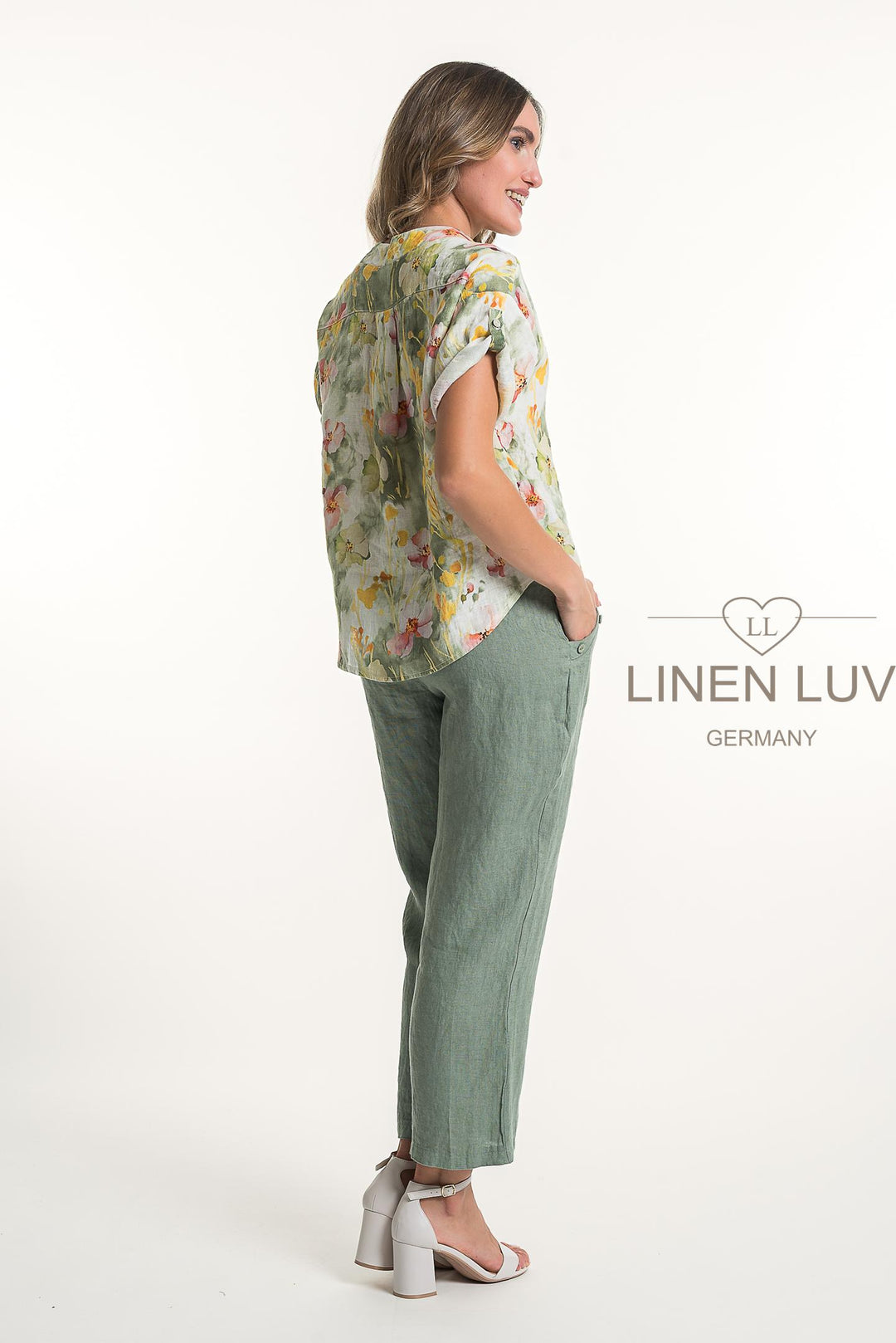 French Linen Blouse V-Neck Print - Breathable Naturals | Glam & Fame Clothing