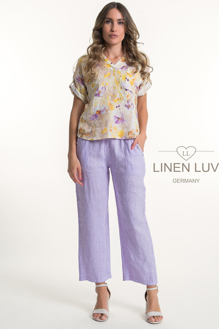 French Linen Blouse V-Neck Print - Breathable Naturals | Glam & Fame Clothing