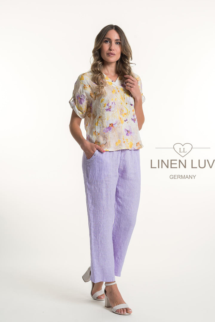 French Linen Blouse V-Neck Print - Breathable Naturals | Glam & Fame Clothing