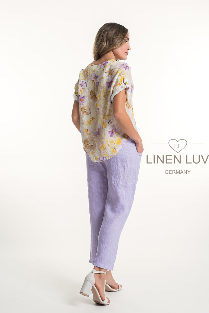 French Linen Blouse V-Neck Print - Breathable Naturals | Glam & Fame Clothing