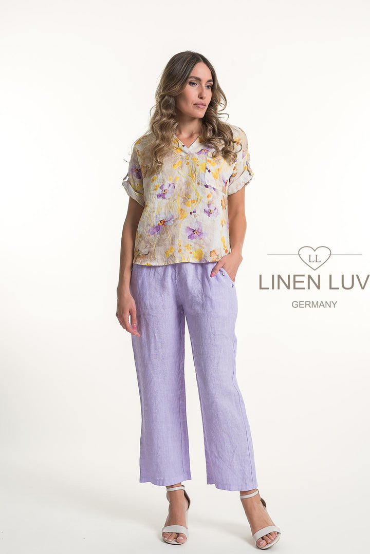French Linen Blouse V-Neck Print - Breathable Naturals | Glam & Fame Clothing