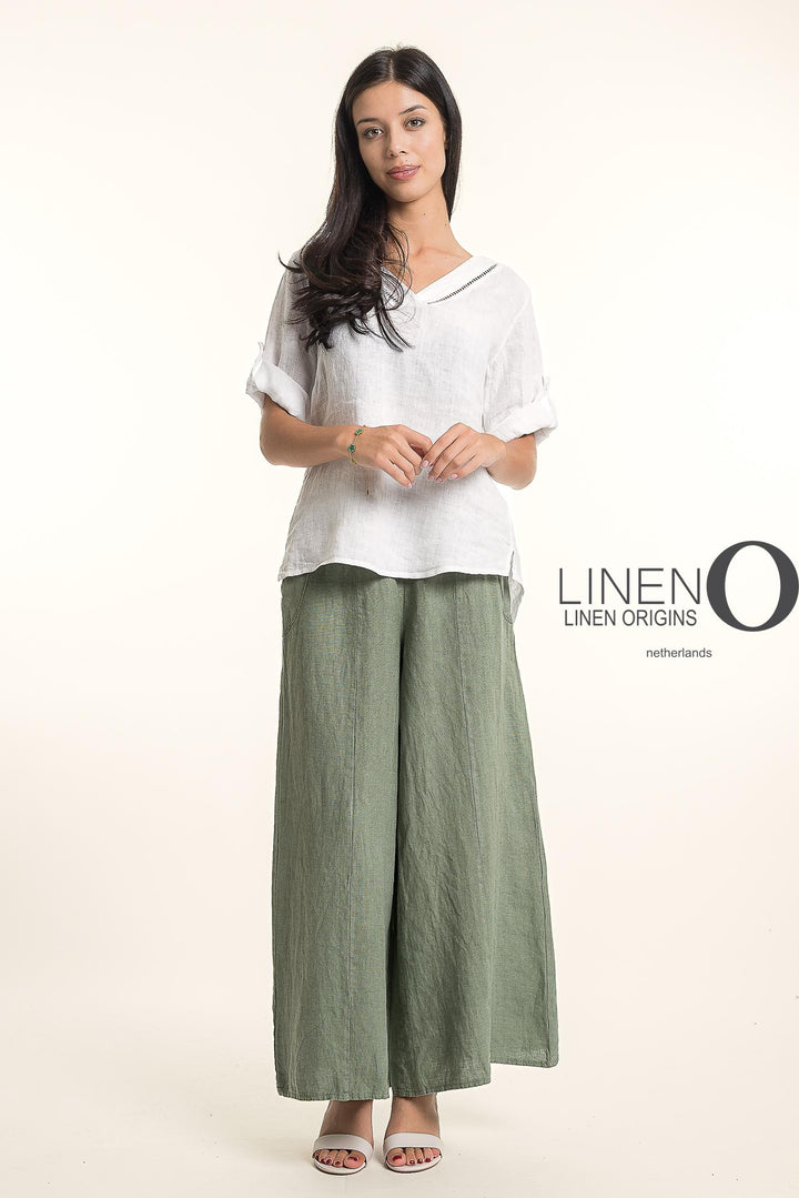 French Linen Wide Leg Pants Print