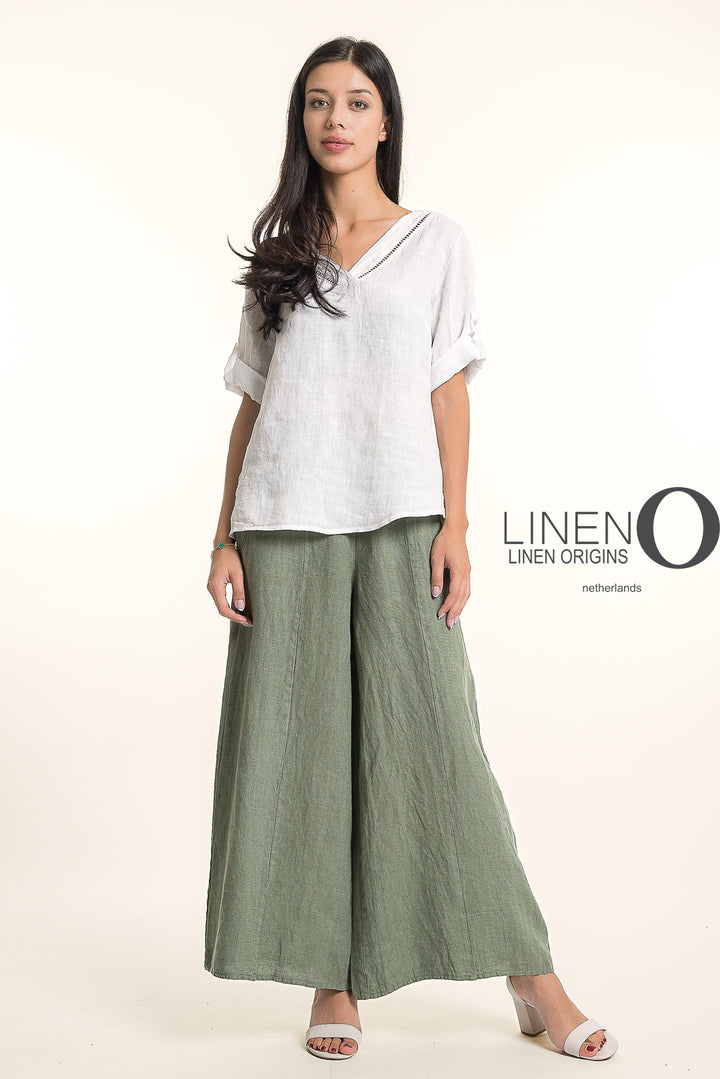 French Linen Wide Leg Pants Print
