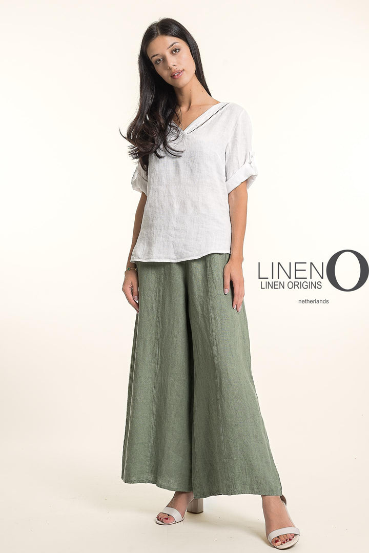 French Linen Wide Leg Pants Print
