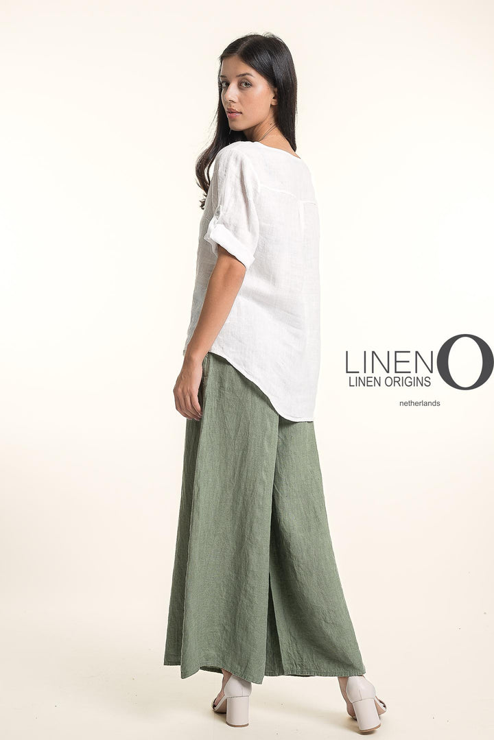 French Linen Wide Leg Pants Print
