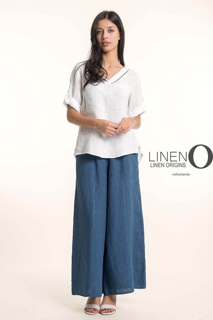 French Linen Wide Leg Pants Print