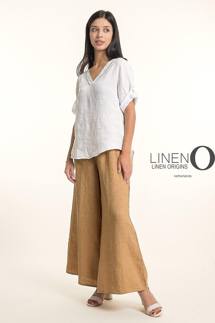 French Linen Wide Leg Pants Print
