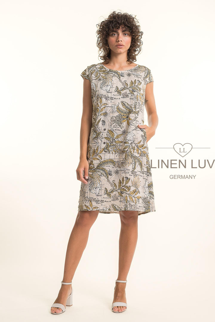 French Linen Dress With Pockets Map Print - Breathable Naturals | Glam & Fame Clothing