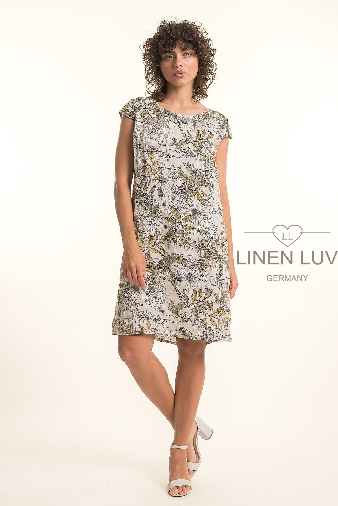 French Linen Dress With Pockets Map Print - Breathable Naturals | Glam & Fame Clothing