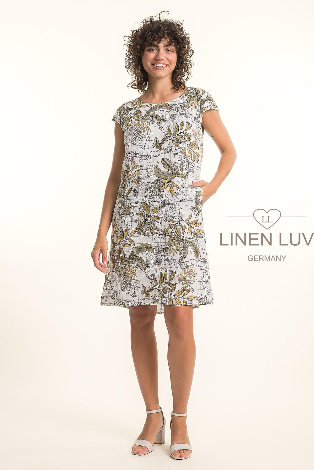 French Linen Dress With Pockets Map Print - Breathable Naturals | Glam & Fame Clothing