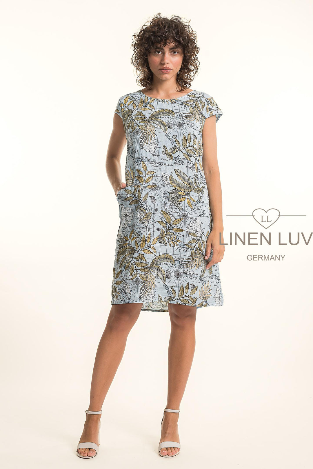 French Linen Dress With Pockets Map Print - Breathable Naturals | Glam & Fame Clothing
