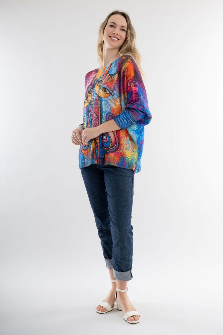 Euro Wool Blend Art Top Cat Sweater - Breathable Naturals | Glam & Fame Clothing