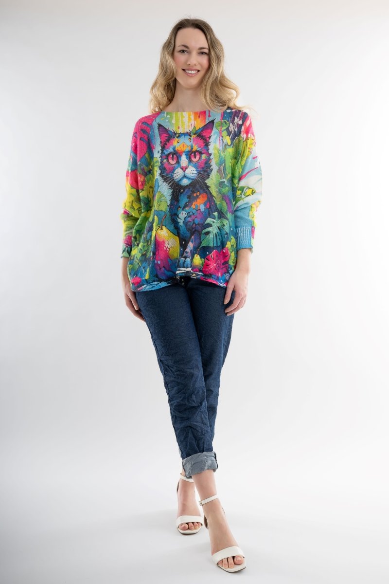 Euro Wool Blend Art Top Cat Sweater - Breathable Naturals | Glam & Fame Clothing