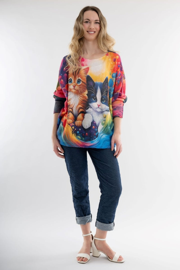 Euro Wool Blend Art Top Cat Sweater - Breathable Naturals | Glam & Fame Clothing