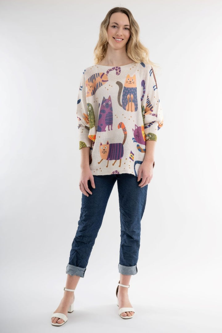 Euro Wool Blend Art Top Cat Sweater - Breathable Naturals | Glam & Fame Clothing