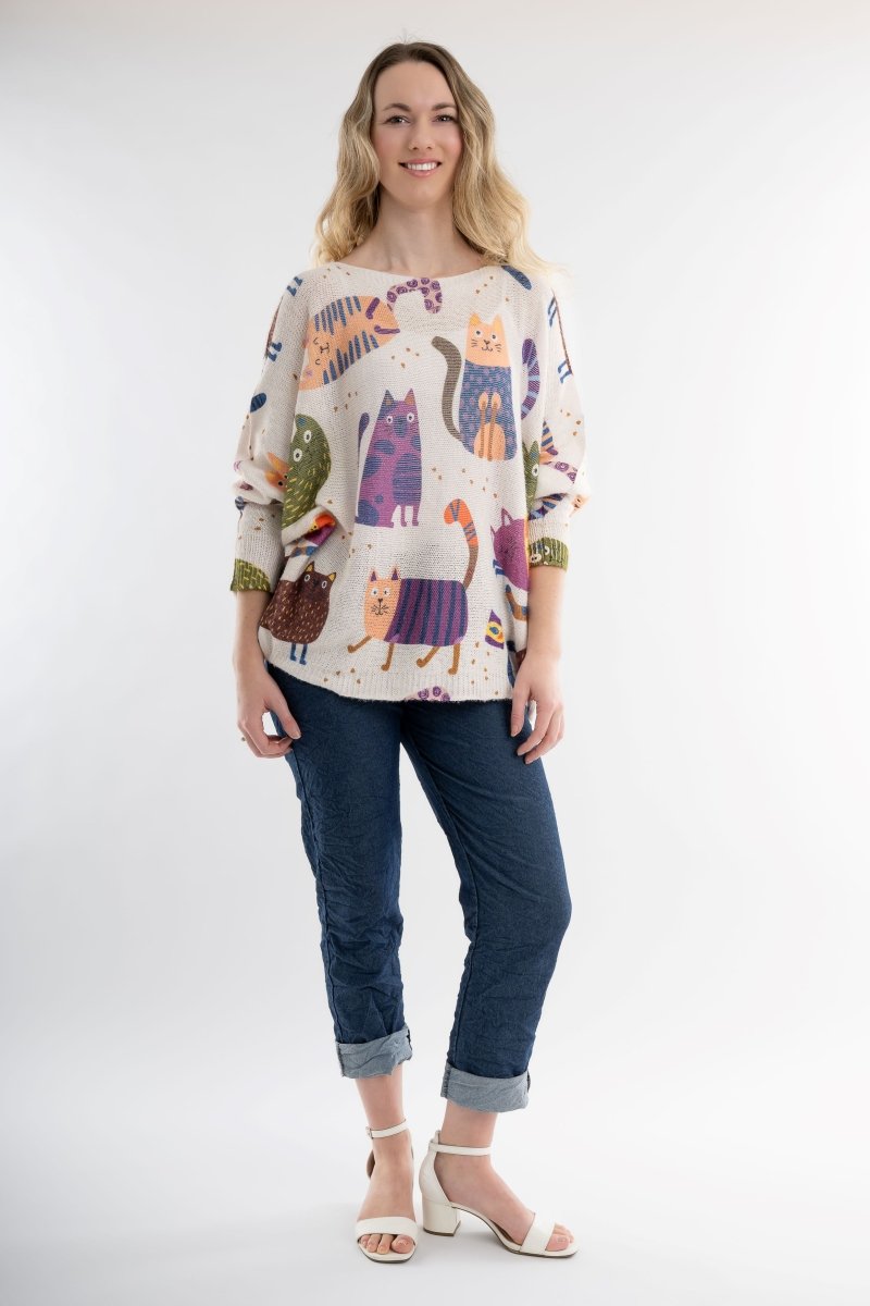 Euro Wool Blend Art Top Cat Sweater - Breathable Naturals | Glam & Fame Clothing