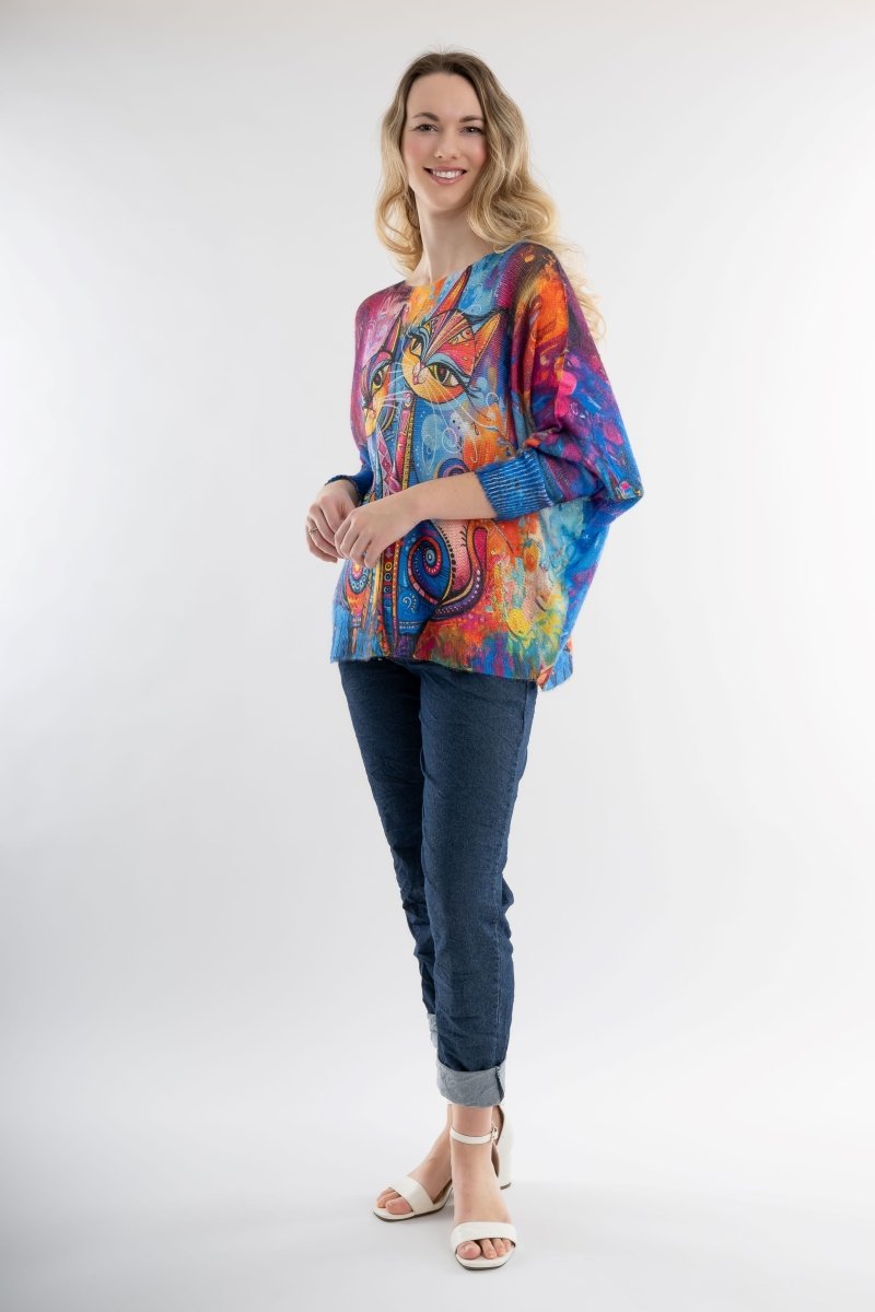 Euro Wool Blend Art Top Cat Sweater - Breathable Naturals | Glam & Fame Clothing