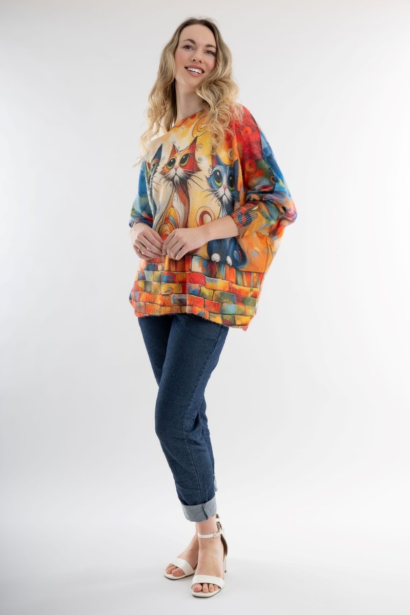 Euro Wool Blend Art Top Cat Sweater - Breathable Naturals | Glam & Fame Clothing