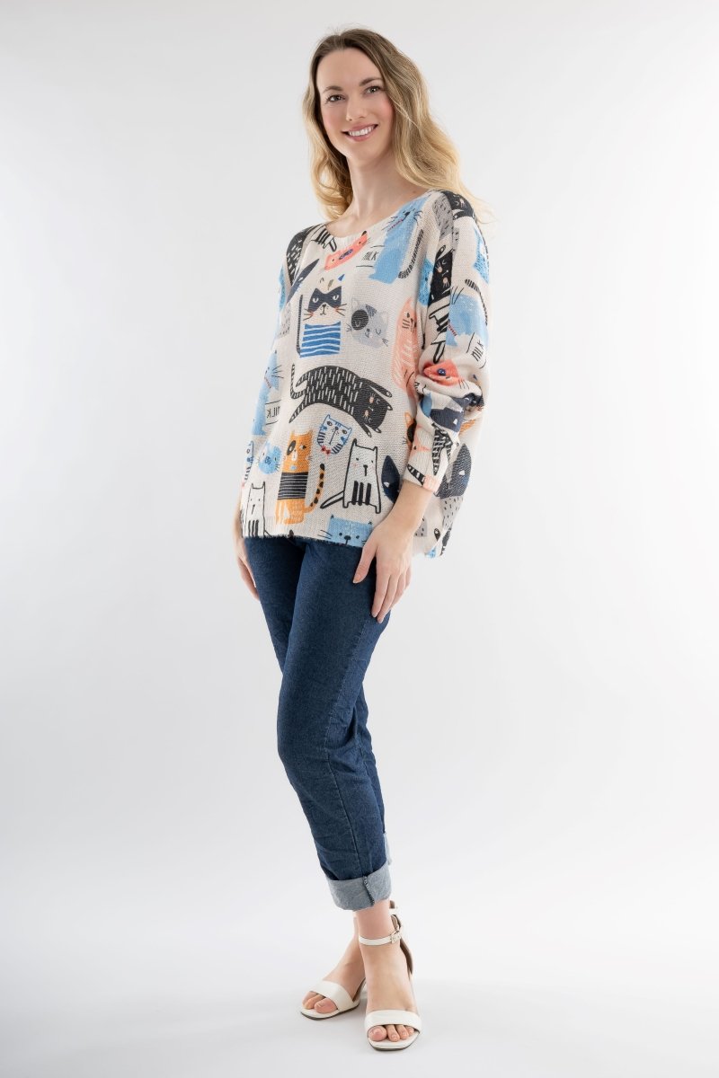 Euro Wool Blend Art Top Cat Sweater - Breathable Naturals | Glam & Fame Clothing