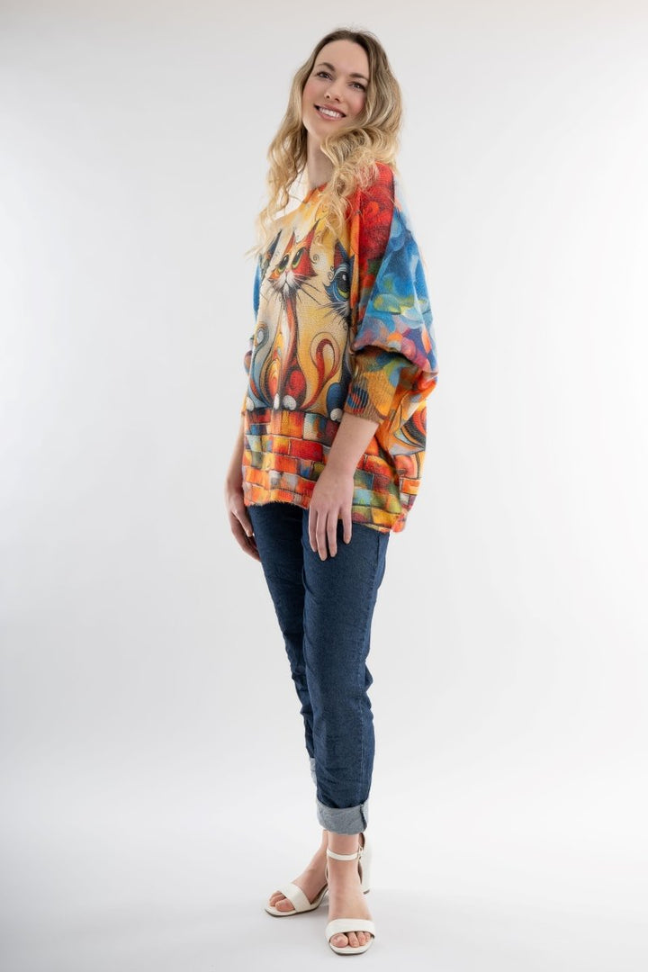 Euro Wool Blend Art Top Cat Sweater - Breathable Naturals | Glam & Fame Clothing